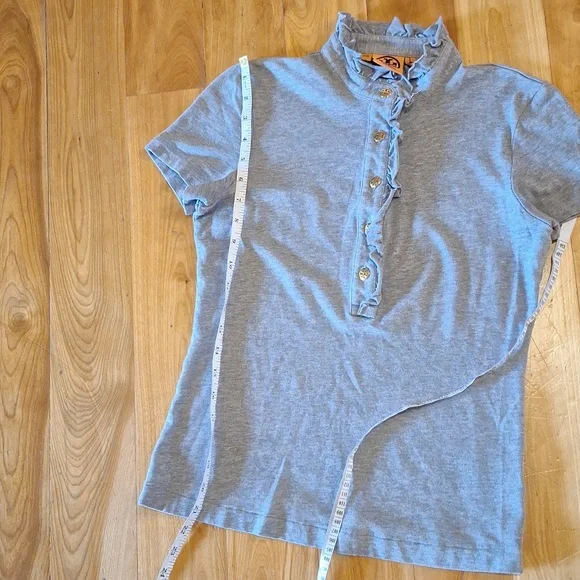 Tory Burch Lidia Ruffle Polo Tee GRAY Size Small - Picture 11 of 11